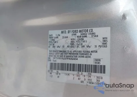 2007 Ford Ranger Sport/Xl/Xlt z USA, uszkodzony, nr VIN 1FTYR11U37PA52434